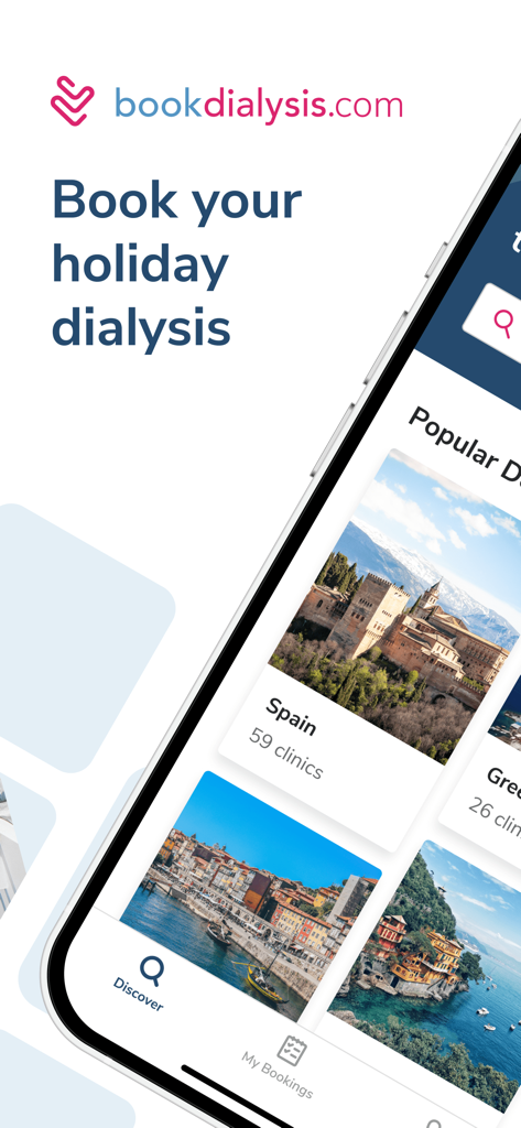 bookdialysis - travel app - Mobile app interface of bookdialysis.com showing popular travel destinations for dialysis clinic bookings.