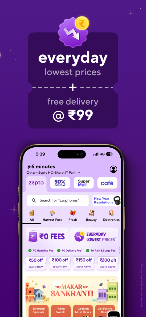 Zepto: Groceries in minutes - Zepto app home screen featuring grocery delivery in minutes and zero fees promo