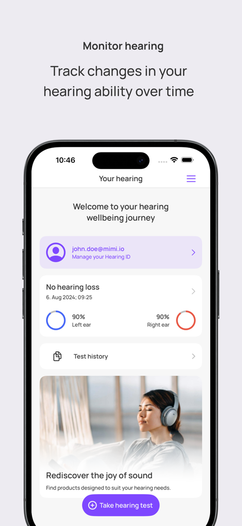 Mimi Hearing Test - Mimi Hearing Test app interface for monitoring hearing changes over time