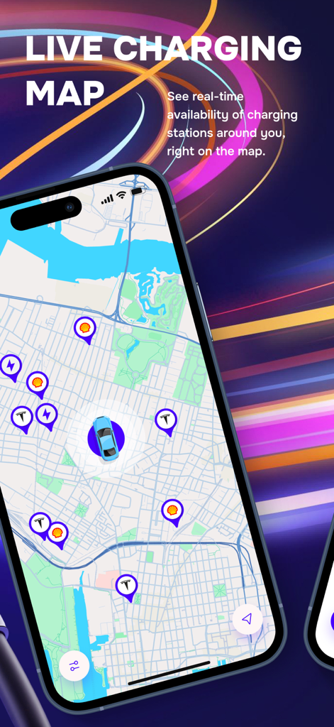 iPhone screen showing the EV On app with a live interactive map displaying nearby electric vehicle charging stations and real-time availability