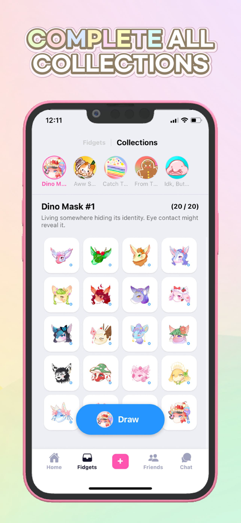 Fidget Town - Fidget trading - Mobile app interface showing a complete set of collectible Dino Mask fidget items in a grid.