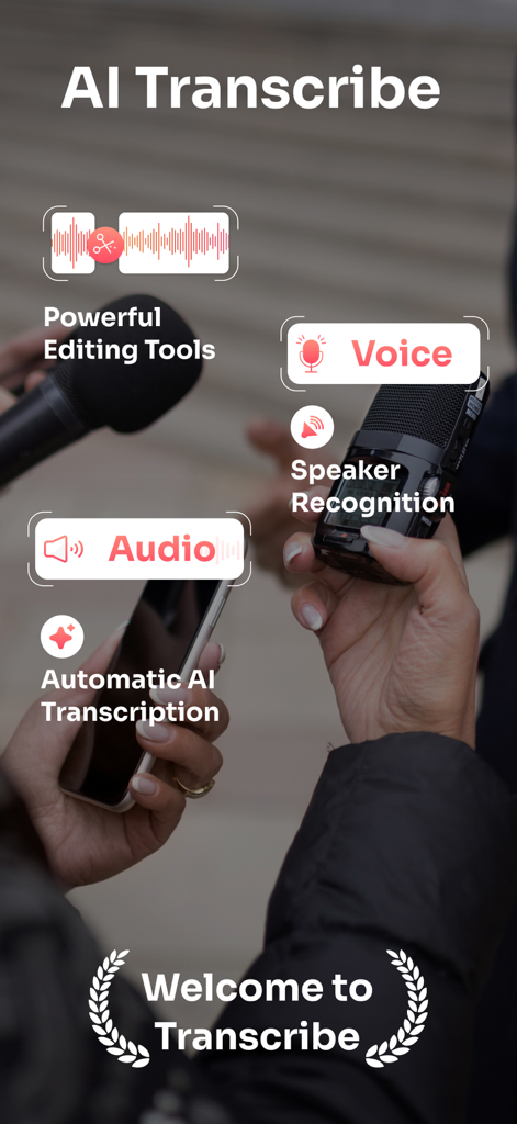 Transcribe it - Speech to Text - Welcome screen of Transcribe it app showing AI transcription and editing features