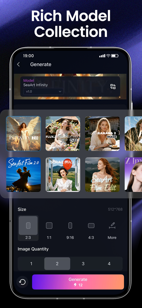 SeaArt: AI Photo & Video Maker - Interface do aplicativo SeaArt mostrando uma rica coleção de modelos de IA e configurações de geração de imagem, incluindo proporção e quantidade