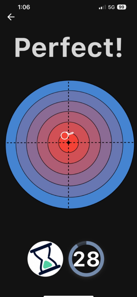 Honest Measure - Honest Measure balance assessment screen showing a perfect result on a target graphic
