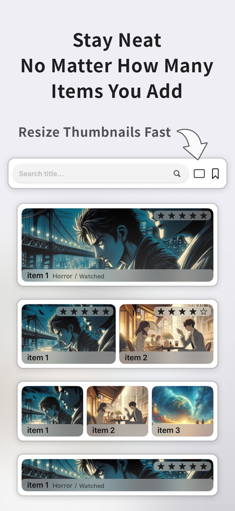 A demonstration of different thumbnail sizes and grid layout options for movie and anime watchlists in the Filmio app.