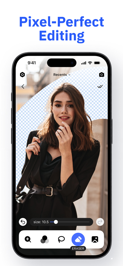 Pantalla de un smartphone mostrando la función de edición pixel a pixel de la aplicación AI Background Remover para borrar fondos de una foto de retrato.