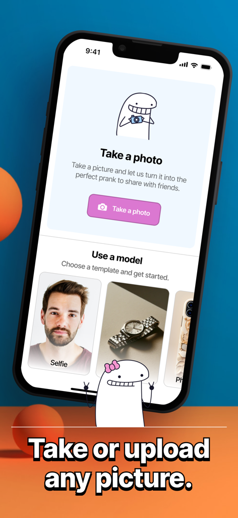 Pantalla de smartphone de la aplicación Chistes Flicksy mostrando opciones para tomar una foto o seleccionar una plantilla para crear bromas realistas.