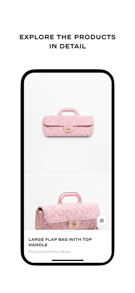 CHANEL FASHION - Detailansicht einer pinken Tweed Chanel Flap Bag mit Henkel auf dem Bildschirm der Chanel Fashion App.