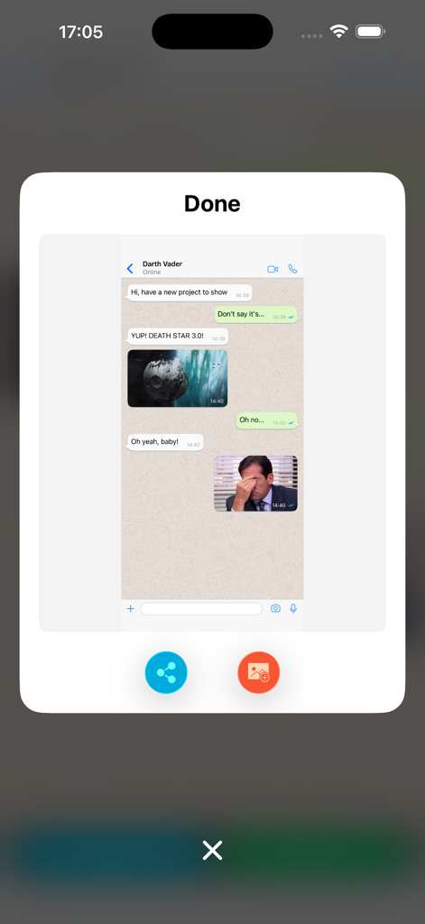 A completed fake chat conversation with Darth Vader showing a meme reaction and sharing buttons in the Faker 2 app.