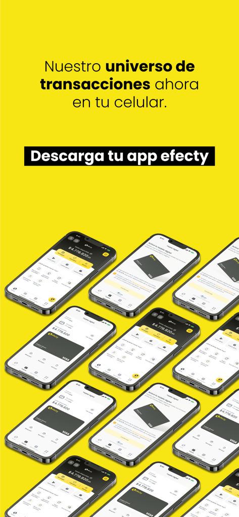 Smartphone multipli che mostrano diverse schermate dell'app mobile Efecty per trasferimenti di denaro e pagamenti