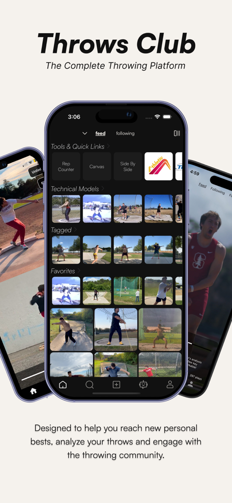 Throws Club - Mobile app interface of Throws Club showing a feed of track and field throwing videos and technical analysis tools