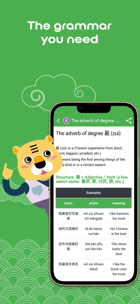 Captura de pantalla de la aplicación HSK2 Aprende Chino que muestra una lección de gramática sobre el adverbio de grado 'zui' con frases de ejemplo