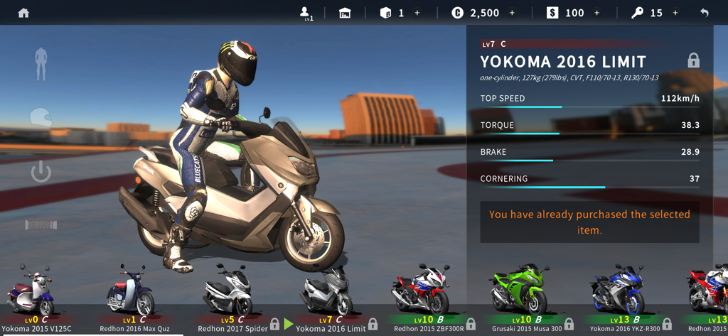 Real Moto Traffic - Motorcycle selection screen showing technical specifications and performance stats for a scooter