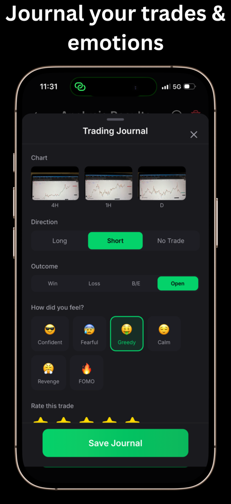 Chart AI: Trading Assistance - Trading journal screen in Chart AI app for tracking trade details and emotional states.