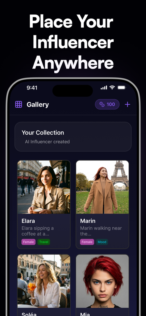 InfluX - Create AI Influencer - Galerie d'influenceurs IA dans différents décors de voyage sur l'interface de l'application InfluX