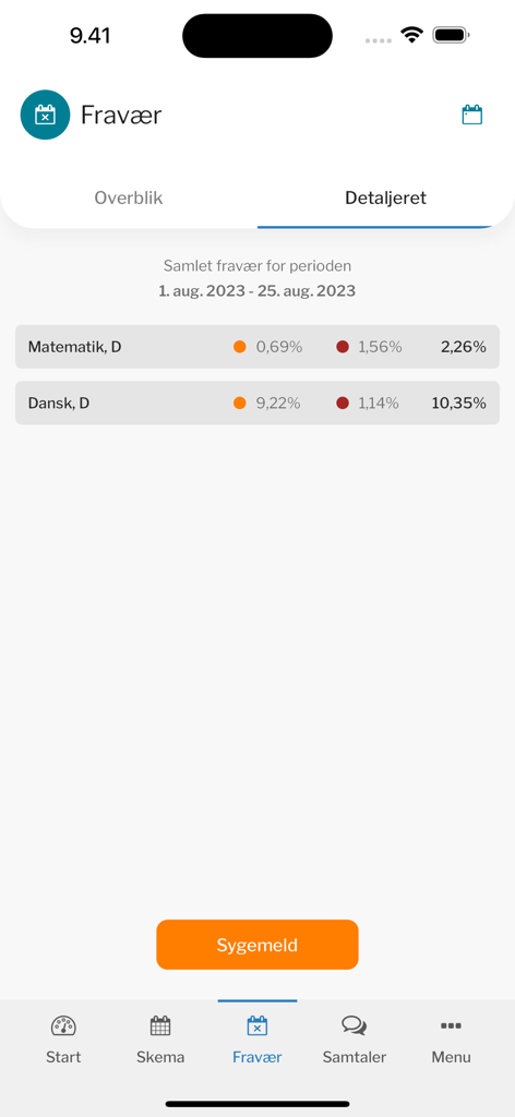 Studie+ - Mobile app interface showing detailed student attendance statistics and a button to report sickness