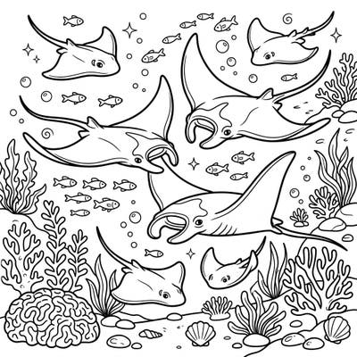 Embark on an exciting underwater journey with this delightful coloring page featuring friendly rays and skates gliding through the ocean. Designed specifically for kids, it's packed with charming marine life and simple details perfect for little hands to color.