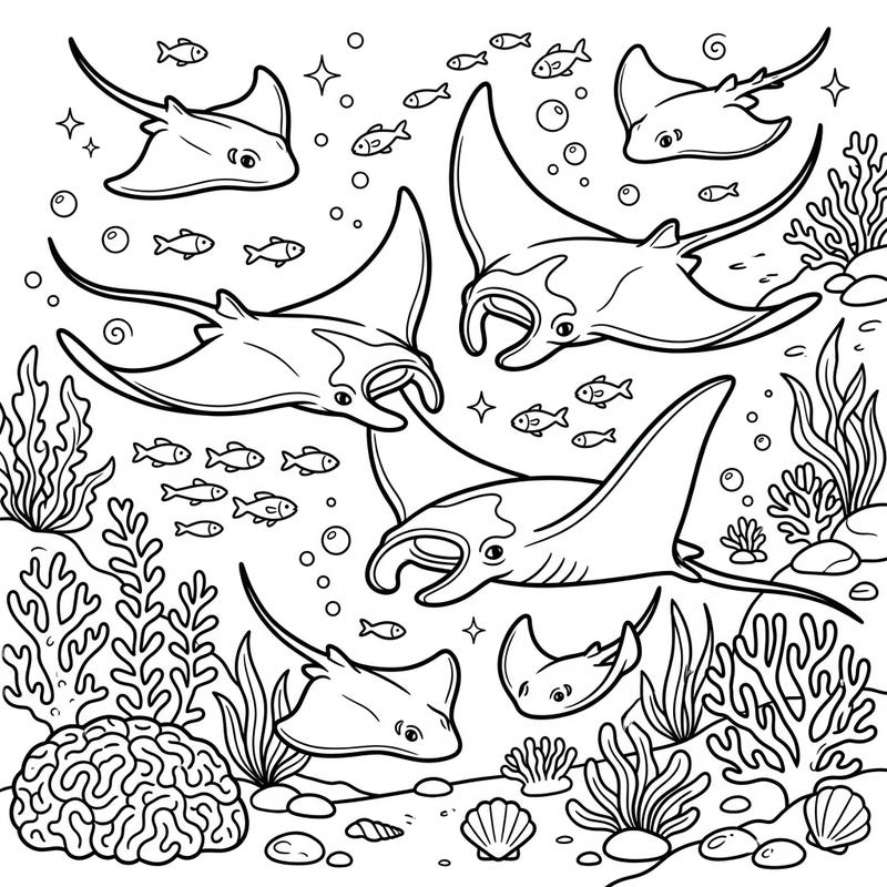 Embark on an exciting underwater journey with this delightful coloring page featuring friendly rays and skates gliding through the ocean. Designed specifically for kids, it's packed with charming marine life and simple details perfect for little hands to color.