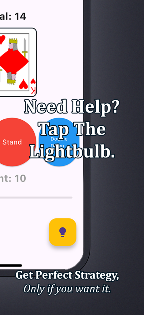 Blackjack Trainer and Analyzer - Ein Screenshot einer Blackjack-Trainer-App, der die Strategie-Analysator-Glühbirnen-Schaltfläche für optimale Gameplay-Ratschläge zeigt