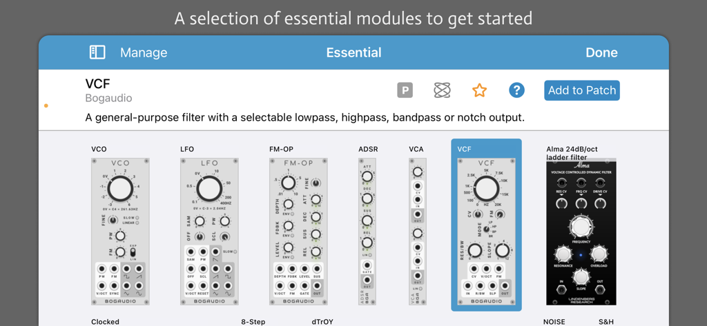 A selection of essential modular synthesizer components in the miRack app library