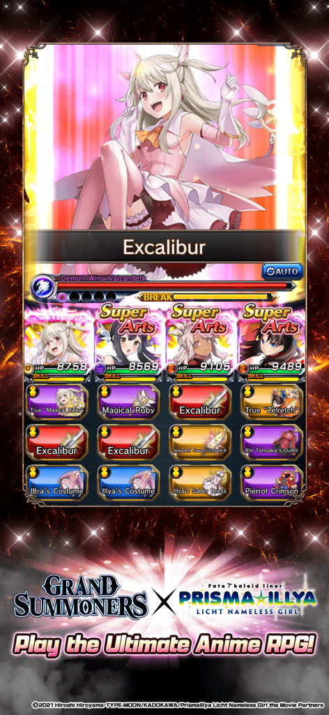 Grand Summoners - Anime RPG - Grand Summoners Kampfbildschirm mit Fate kaleid liner Prisma Illya Charakteren und Super-Arts-Moves