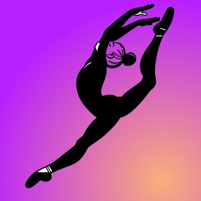 gymnast doing a leap in a leotard with a bent back leg