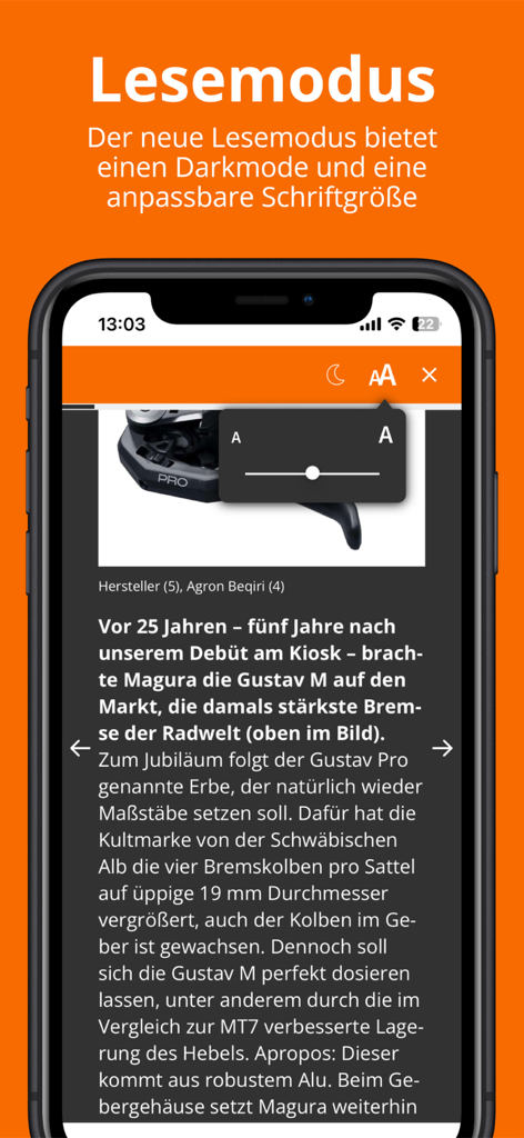 Sport Kiosk - Sport Kiosk mobile app screenshot showing reading mode with dark mode and adjustable font size settings over a cycling magazine article.
