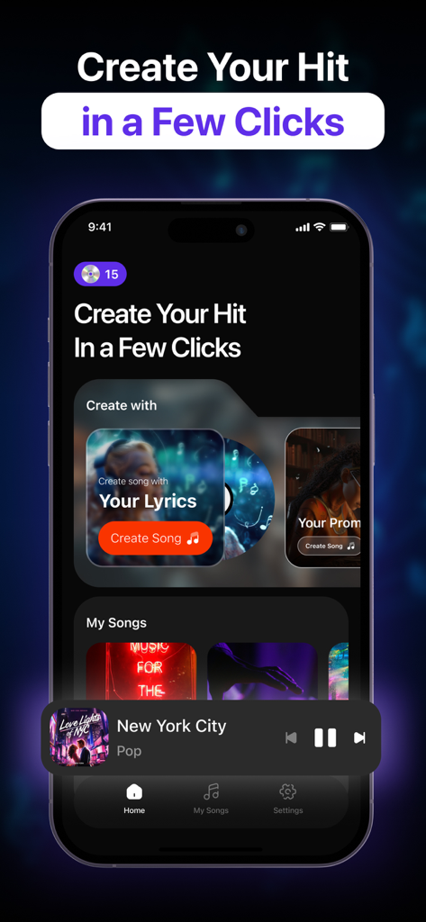 AI Song Maker: Music Creator - Pantalla de inicio de la aplicación AI Song Maker que muestra opciones para crear música con letras y un reproductor de canciones.