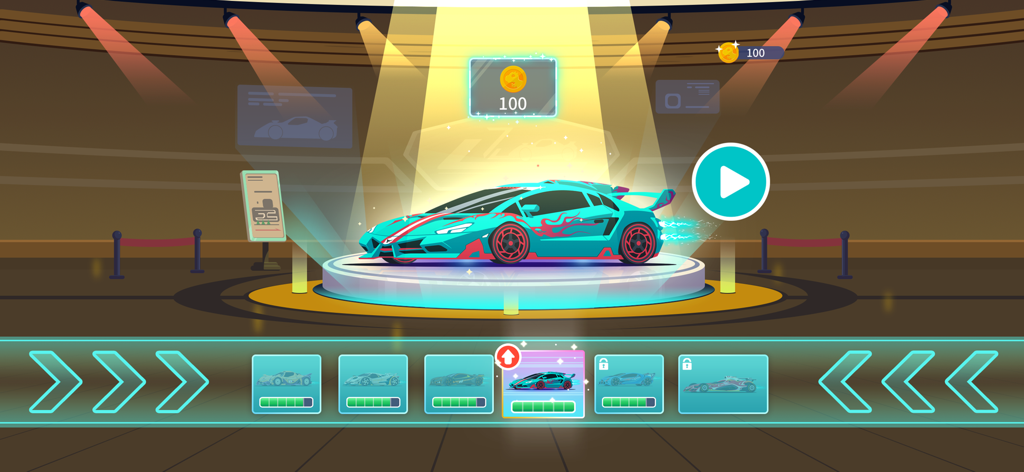 Un'elegante auto da corsa ciano con fiamme rosse su un piedistallo nel garage di selezione delle auto