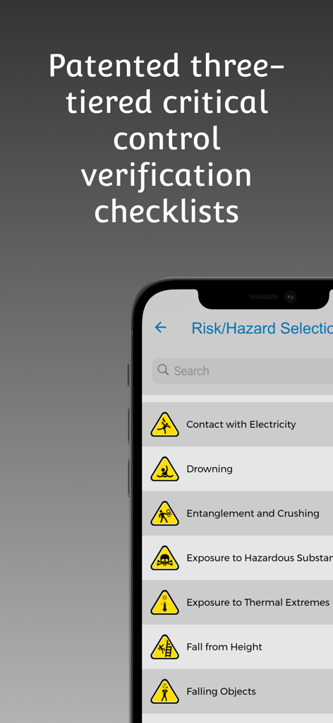 Forwood Safety+ - Forwood Safety+ mobile app interface showing a list of industrial hazards for risk verification