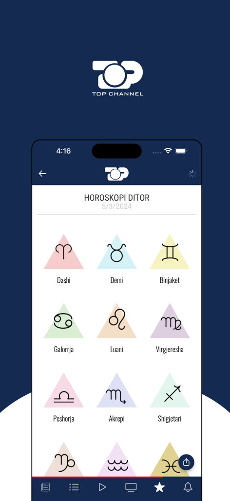 Top Channel - Schermata dell'app mobile Top Channel che mostra l'oroscopo giornaliero con segni zodiacali in albanese
