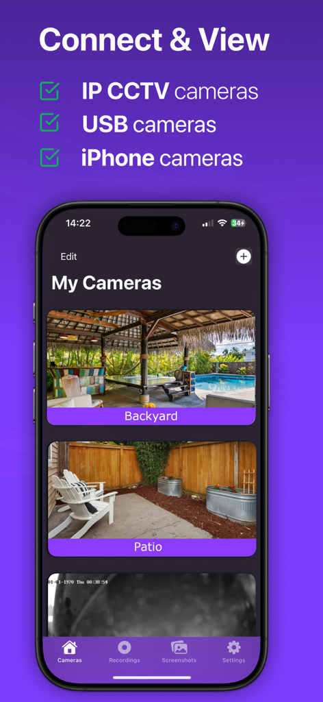 IP Camera Viewer - Cam Hero - The Cam Hero app displaying multiple security camera feeds on an iPhone