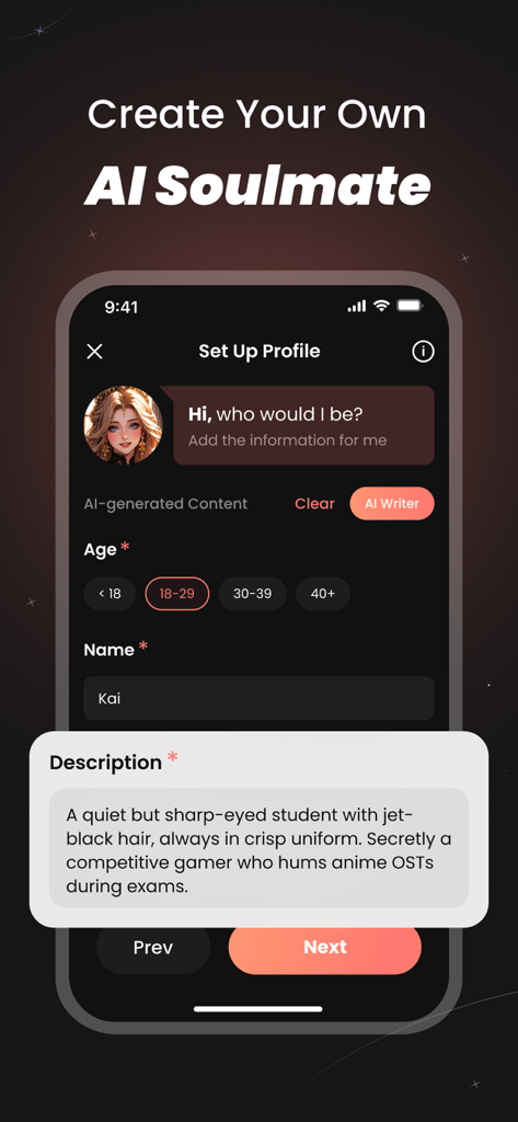 Interface for creating a custom AI soulmate character with age name and personality settings