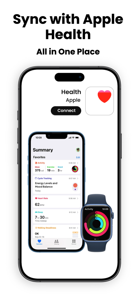 caKao AI - Calories & Fitness - Ein Smartphone, das die caKao AI App-Funktion zur Synchronisierung mit Apple Health und Apple Watch anzeigt, um Fitness- und Aktivitätsdaten an einem Ort zu verfolgen.