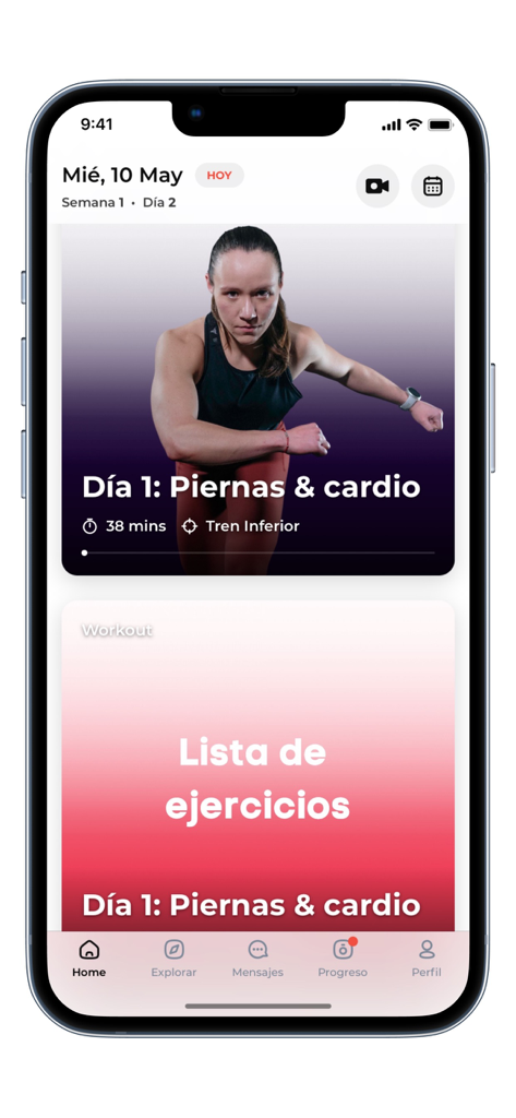 Interfaz de la aplicación móvil wOS by Andie que muestra una rutina de entrenamiento de piernas y cardio.