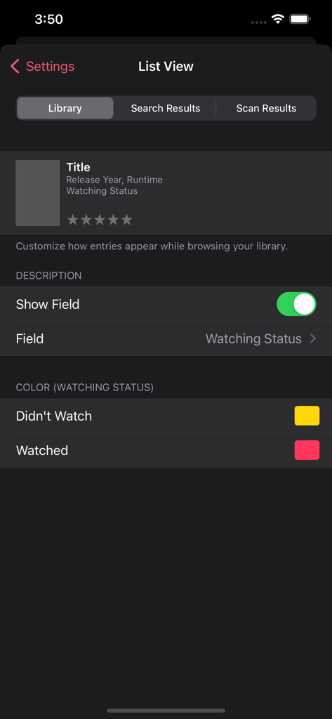 MovieBuddy Pro: Movie Tracker - MovieBuddy Pro settings to customize library list view and watching status colors.