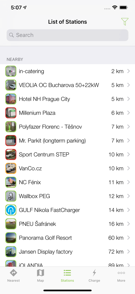 Polyfazer - A list of nearby electric vehicle charging stations in the Polyfazer app showing station names and distances