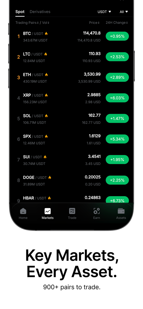 Bybit: Buy Bitcoin & Crypto - Bybit Mobile App zeigt eine Liste von Krypto-Trading-Paaren und Marktpreisen.