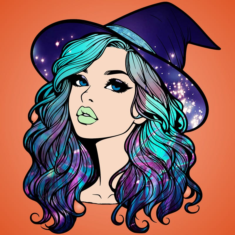 realistic witch girl with wavy hair and lips