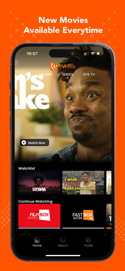 Wi-flix - La interfaz de la aplicación Wi-flix mostrando contenido de cine africano y la lista de visualización del usuario.