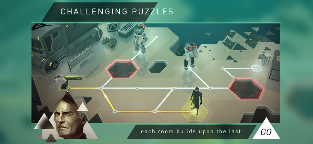 Deus Ex GO - Deus Ex GO turn-based gameplay showing Adam Jensen on a grid-based puzzle with futuristic enemies and turrets.