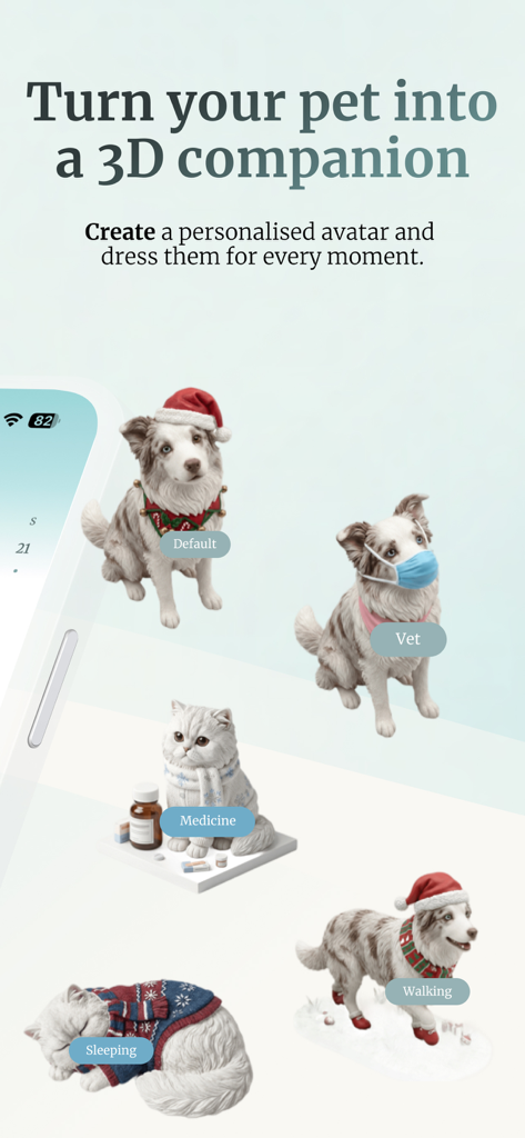 Hubert: Pet Health Tracker - Showcase of personalized 3D dog and cat avatars in various outfits within the Hubert pet health tracker app
