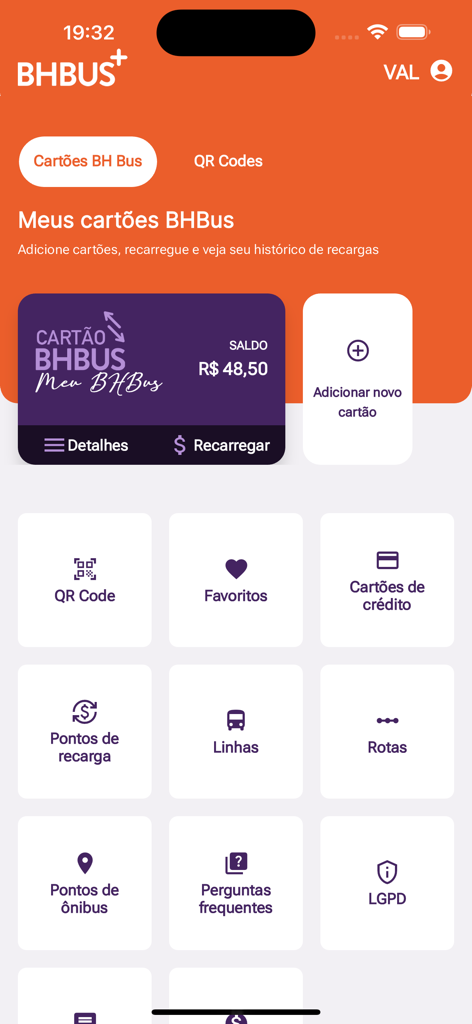 BHBUS+ - Pantalla de inicio de la aplicación BHBUS plus que muestra el saldo de la tarjeta y las funciones de navegación