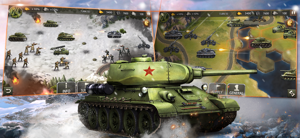 WW2: Strategy Games War Games - Gameplay screenshot of a WW2 strategy game showing a Soviet tank and tactical hex-grid combat maps