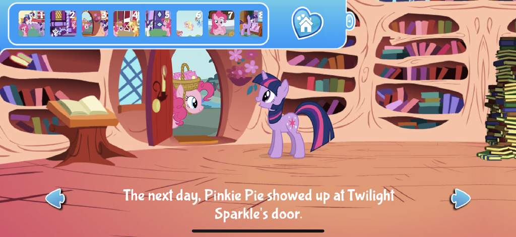 Pinkie Pie visiting Twilight Sparkle in her library from the My Little Pony Party of One app