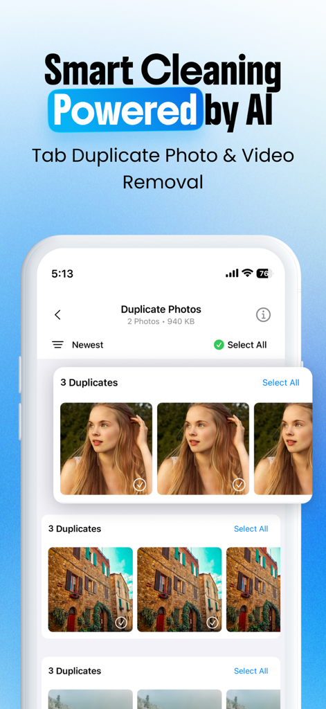 Storage Clean Up - CleanPro - Pantalla de iPhone mostrando la aplicación CleanPro identificando y seleccionando fotos duplicadas para su eliminación mediante IA.