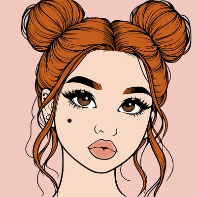 realistic girl with two buns on her hair and lips