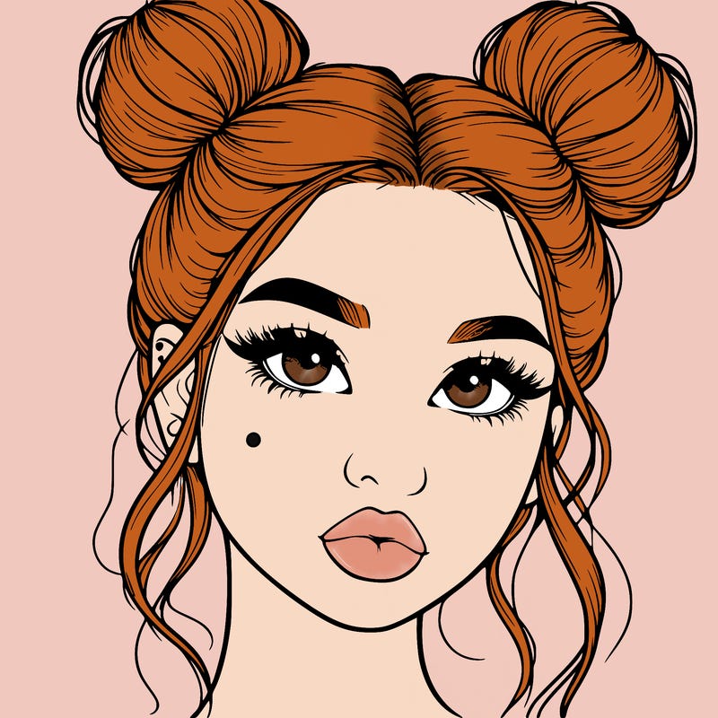 realistic girl with two buns on her hair and lips