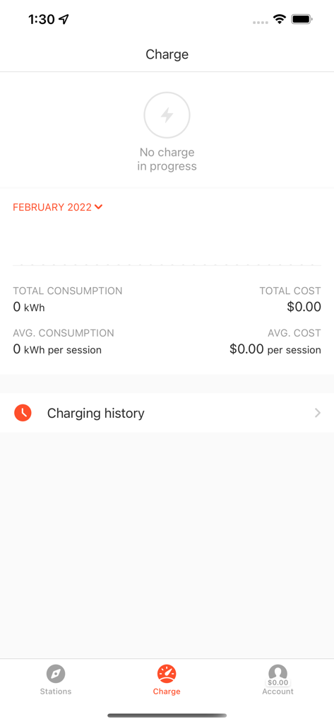Hypercharge - Hypercharge app interface showing the charge status screen with monthly consumption statistics and charging history link