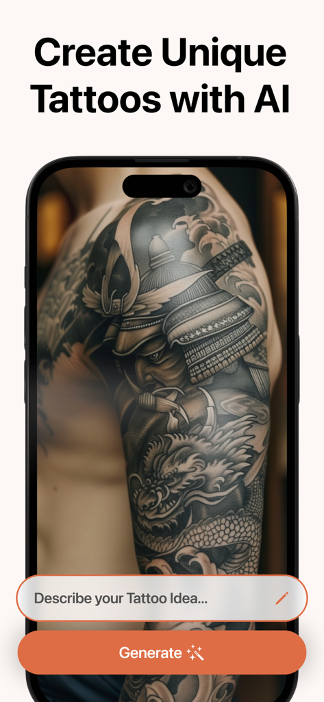 AIタトゥージェネレーターアプリのインターフェースで、腕に描かれた詳細な侍と龍の袖のデザインと生成ボタンが表示されている様子